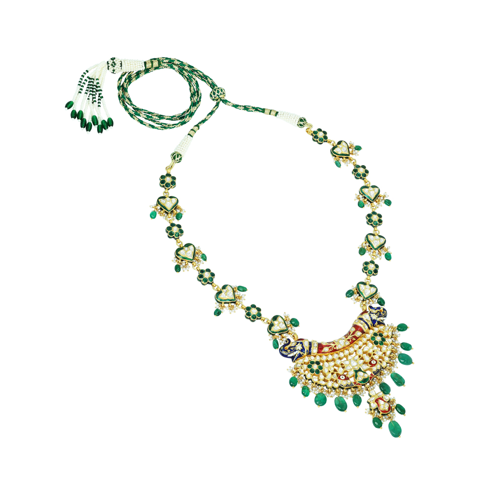 Polki Pendant Necklace with Red-Green Meenakari and Emeralds